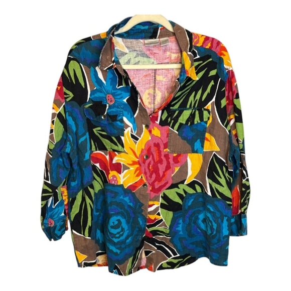 Chico's Blouse Women's Size XL Floral Tropical Linen Chicos 3 - Picture 2 of 4